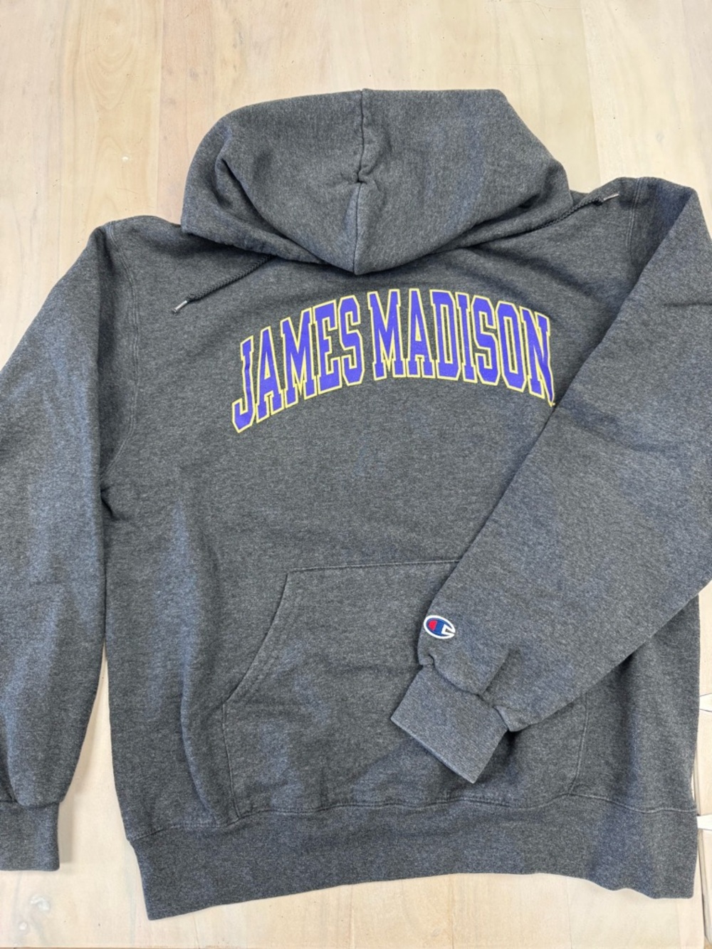 Champion Gray Hoodie with Purple and Gold Chest Lettering